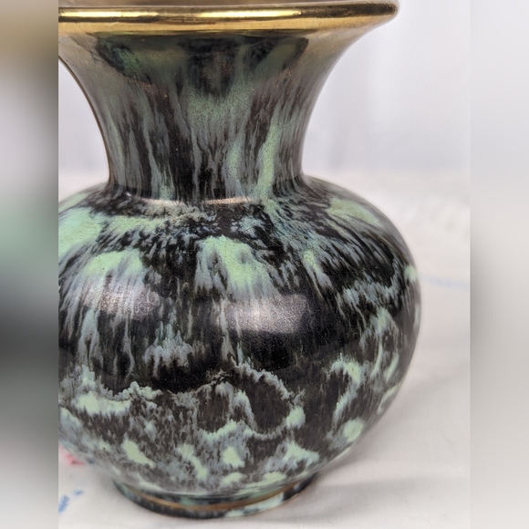 Vintage Mid-Century Fohr Keramic 320-0 Vase Turquoise Black Lava Glaze Gold Ger - Picture 4 of 9